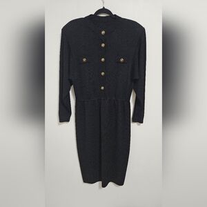 Vintage St. John Santana Knit Black Midi Dress Sz L Gold Logo Buttons Pull-On
